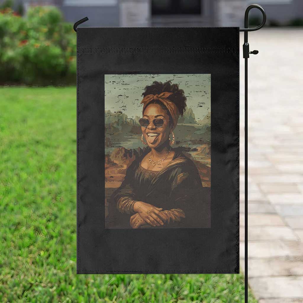 Modern Black Mona Lisa Headwrap Sunglasses Parody Garden Flag Trendy Urban Fine Art Portrait Graphic