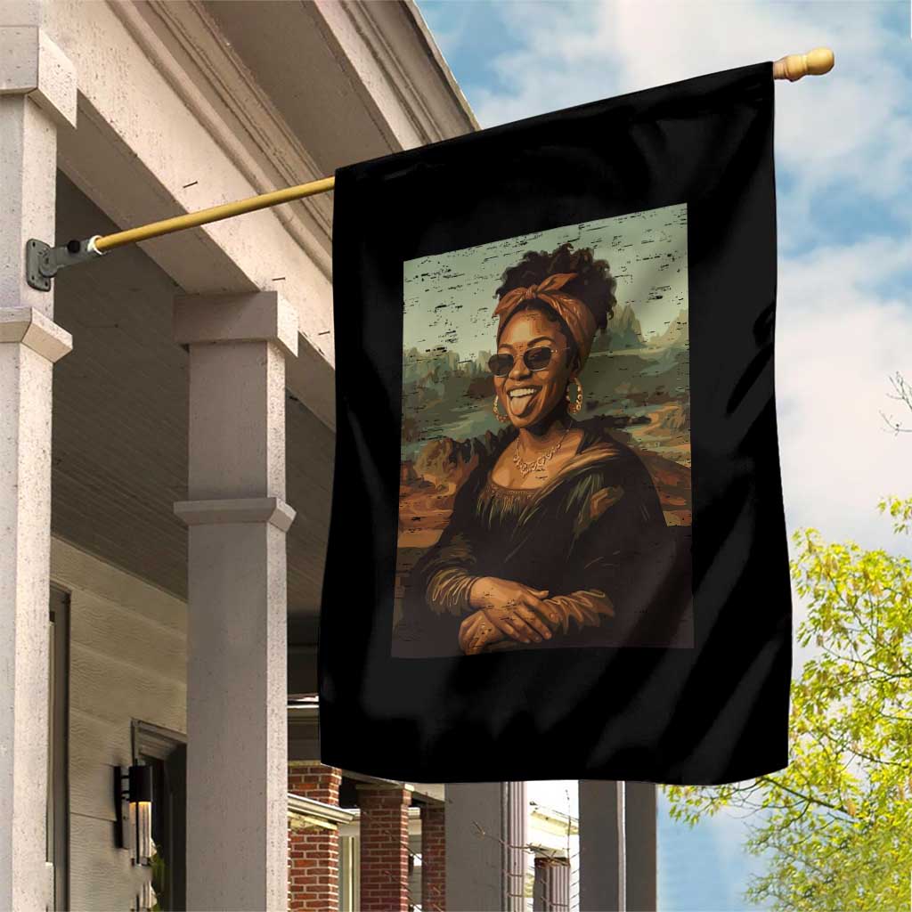 Modern Black Mona Lisa Headwrap Sunglasses Parody Garden Flag Trendy Urban Fine Art Portrait Graphic