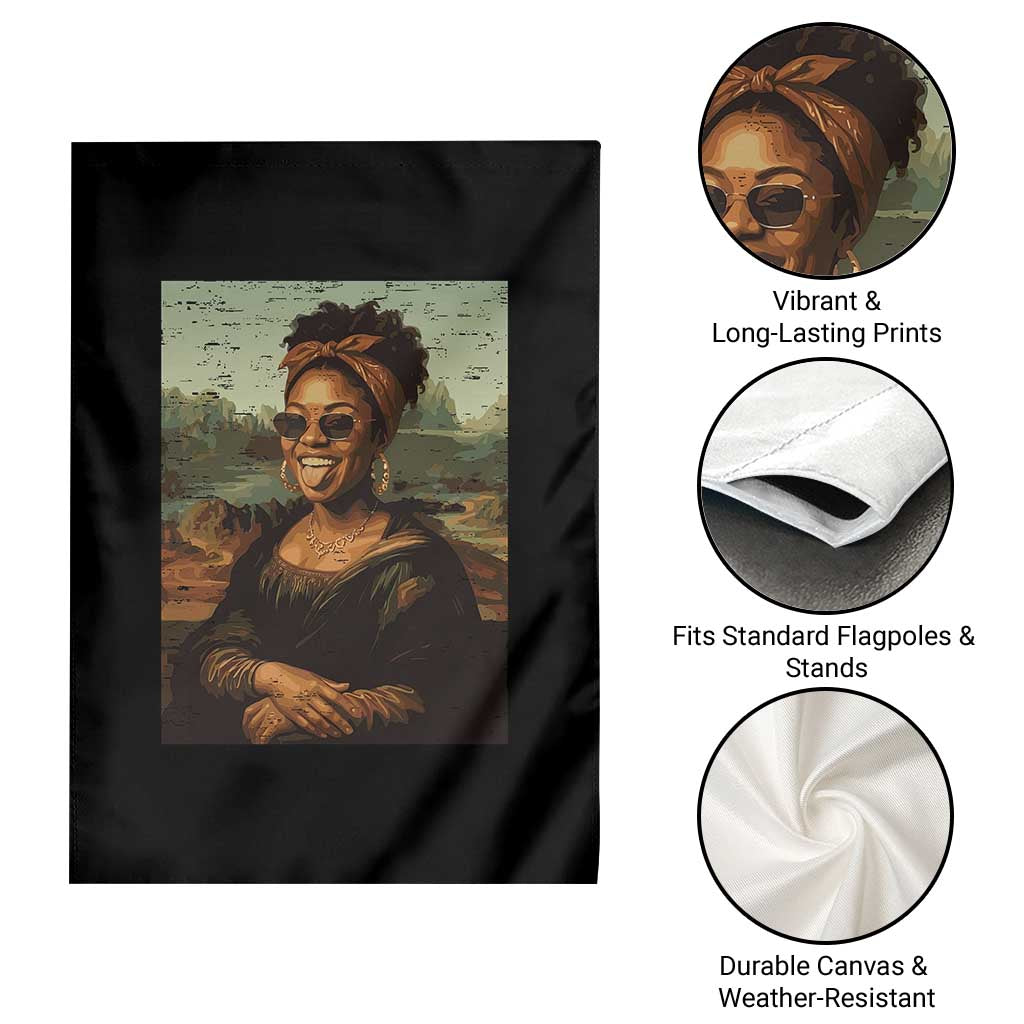Modern Black Mona Lisa Headwrap Sunglasses Parody Garden Flag Trendy Urban Fine Art Portrait Graphic