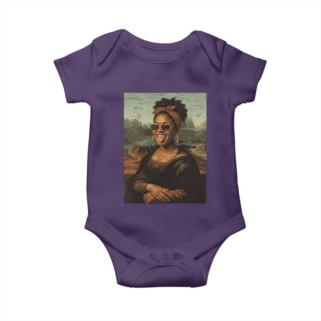 Modern Black Mona Lisa Headwrap Sunglasses Parody Baby Onesie Trendy Urban Fine Art Portrait Graphic
