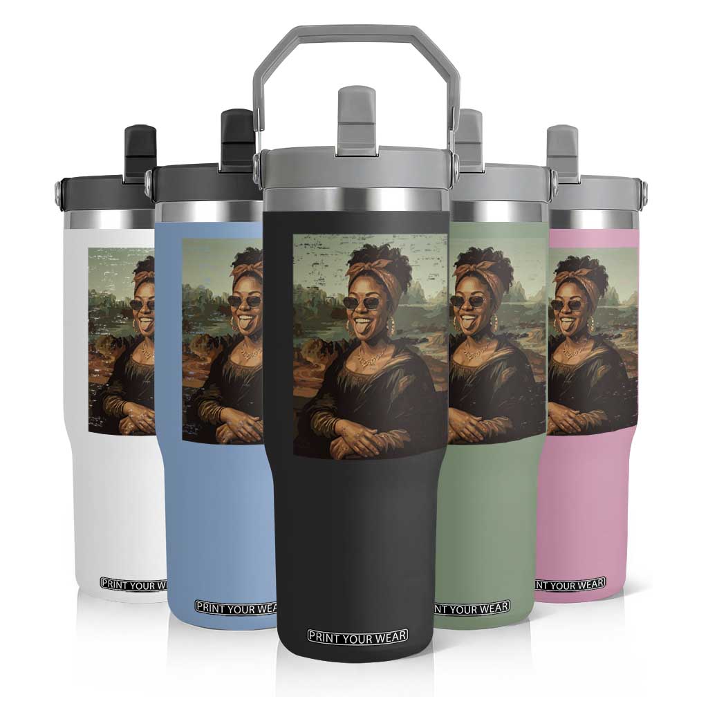 Modern Black Mona Lisa Headwrap Sunglasses Parody Flip Straw Tumbler Trendy Urban Fine Art Portrait Graphic