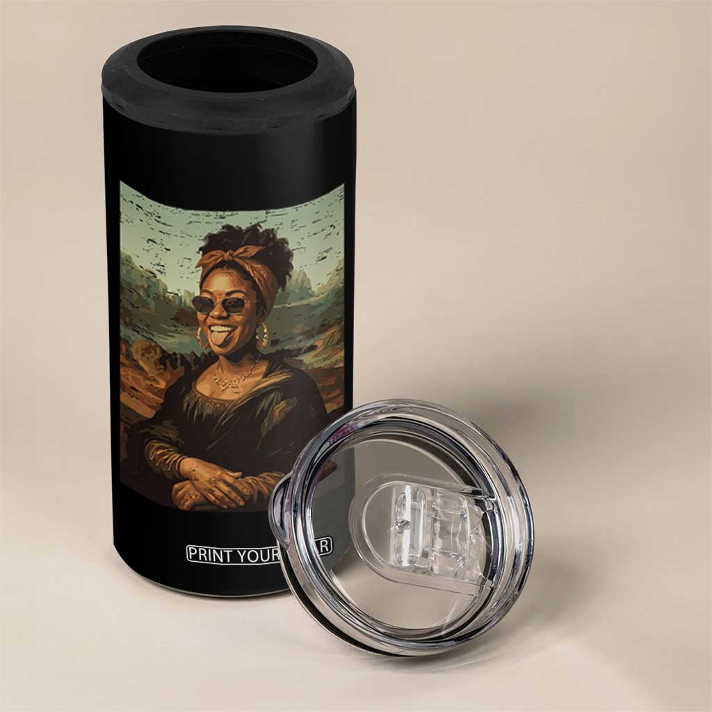 Modern Black Mona Lisa Headwrap Sunglasses Parody 4 in 1 Can Cooler Tumbler Trendy Urban Fine Art Portrait Graphic
