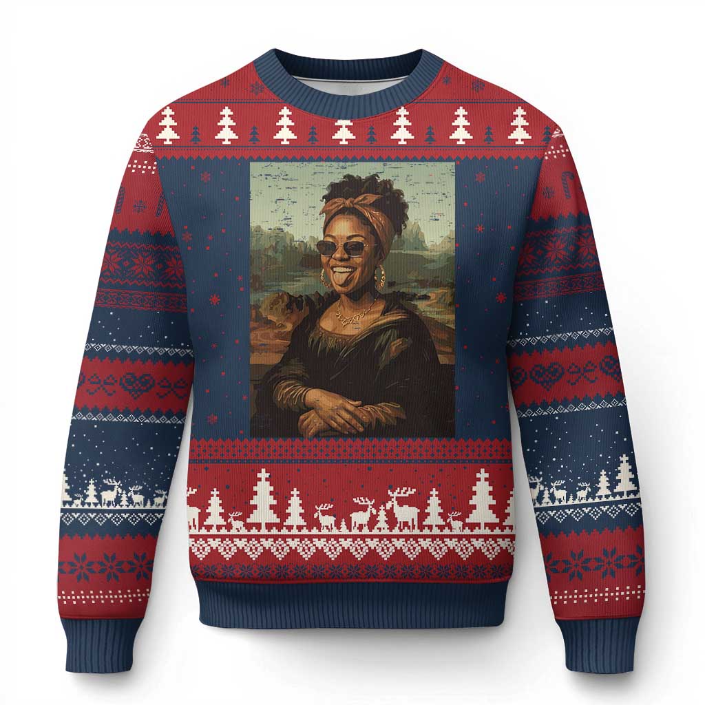Modern Black Mona Lisa Headwrap Sunglasses Parody Ugly Christmas Sweater Trendy Urban Fine Art Portrait Graphic TS02 Navy Red Print Your Wear