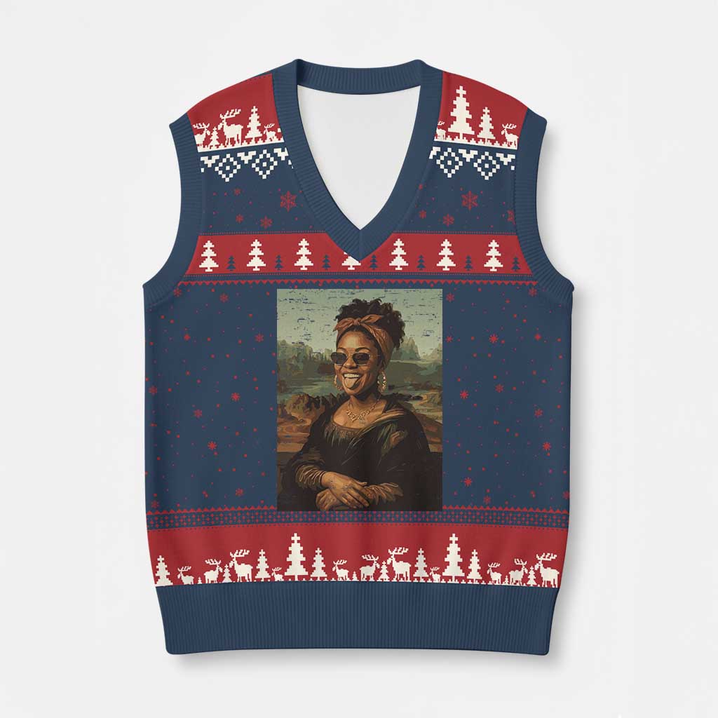 Modern Black Mona Lisa Headwrap Sunglasses Parody V-Neck Knit Sweater Vest Trendy Urban Fine Art Portrait Graphic TS02 Navy Red Print Your Wear