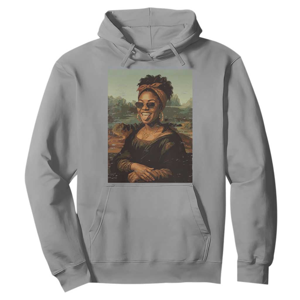 Modern Black Mona Lisa Headwrap Sunglasses Parody Hoodie Trendy Urban Fine Art Portrait Graphic