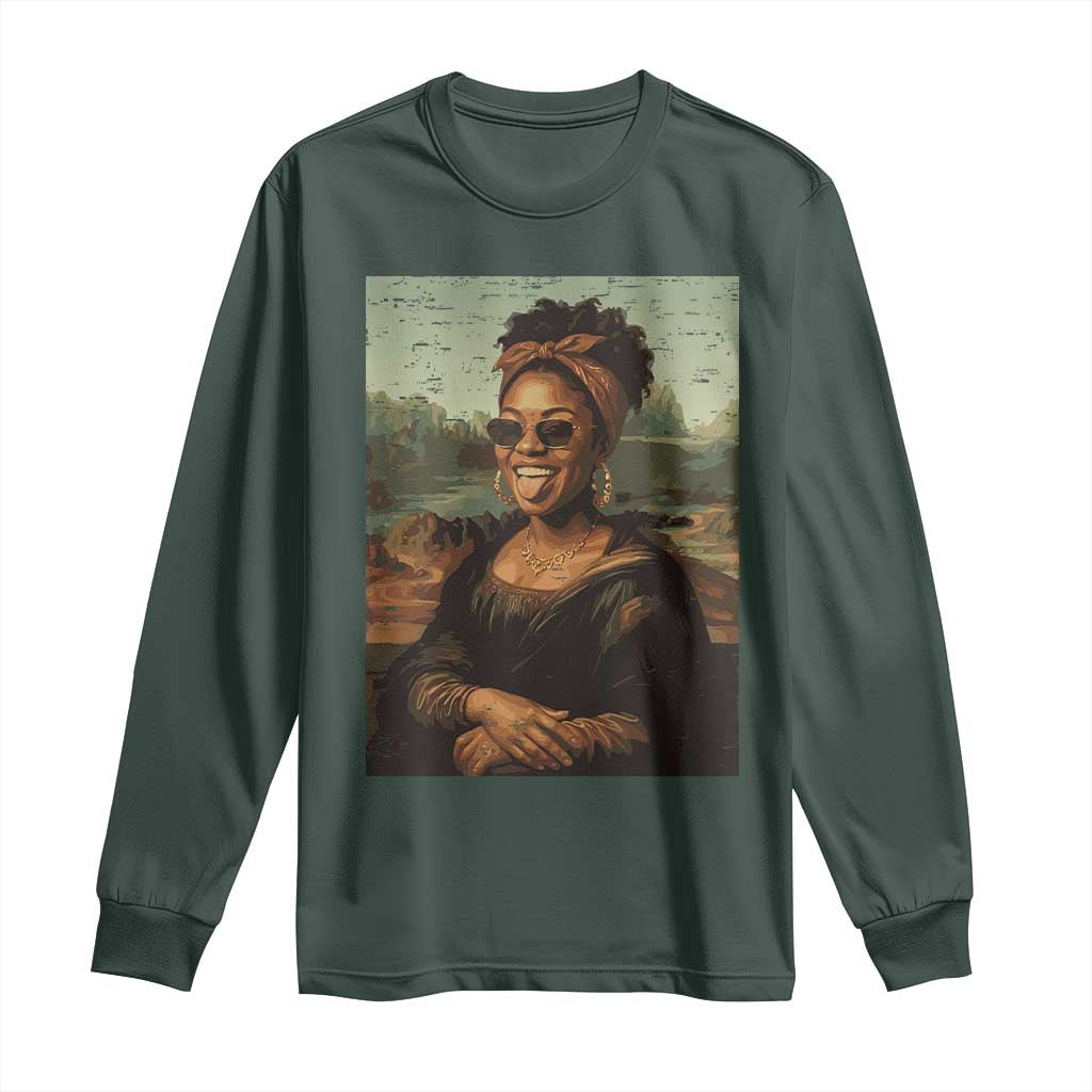 Modern Black Mona Lisa Headwrap Sunglasses Parody Long Sleeve Shirt Trendy Urban Fine Art Portrait Graphic
