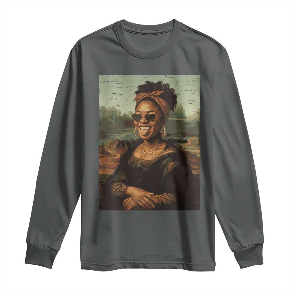 Modern Black Mona Lisa Headwrap Sunglasses Parody Long Sleeve Shirt Trendy Urban Fine Art Portrait Graphic