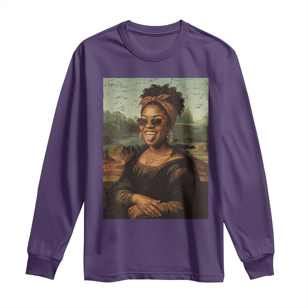 Modern Black Mona Lisa Headwrap Sunglasses Parody Long Sleeve Shirt Trendy Urban Fine Art Portrait Graphic