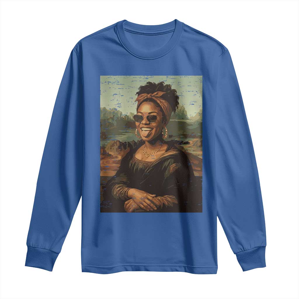 Modern Black Mona Lisa Headwrap Sunglasses Parody Long Sleeve Shirt Trendy Urban Fine Art Portrait Graphic
