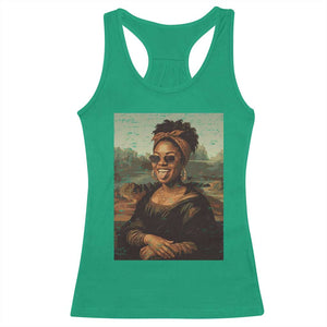 Modern Black Mona Lisa Headwrap Sunglasses Parody Racerback Tank Top Trendy Urban Fine Art Portrait Graphic