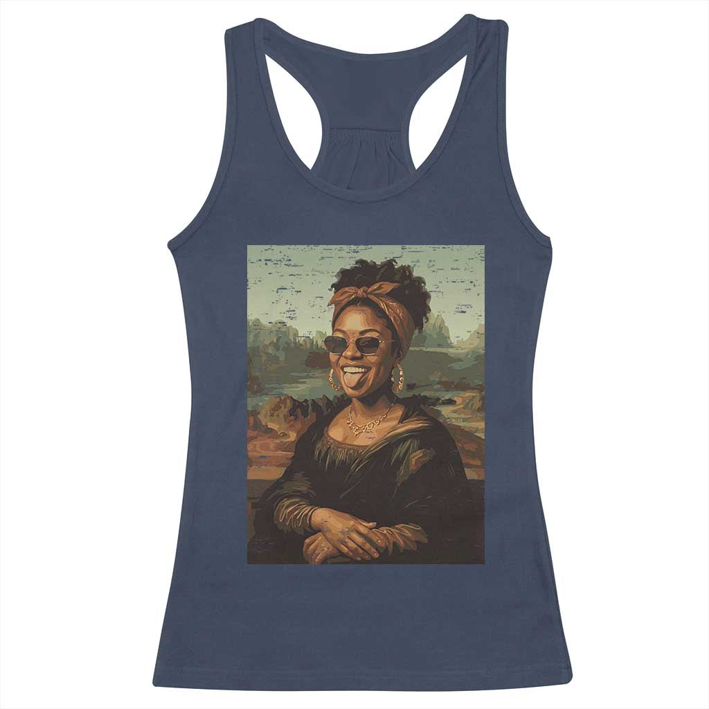 Modern Black Mona Lisa Headwrap Sunglasses Parody Racerback Tank Top Trendy Urban Fine Art Portrait Graphic