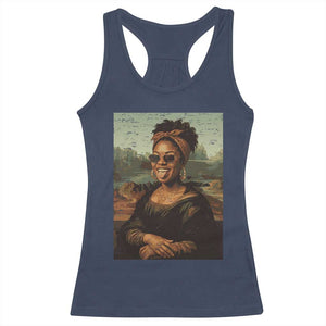 Modern Black Mona Lisa Headwrap Sunglasses Parody Racerback Tank Top Trendy Urban Fine Art Portrait Graphic