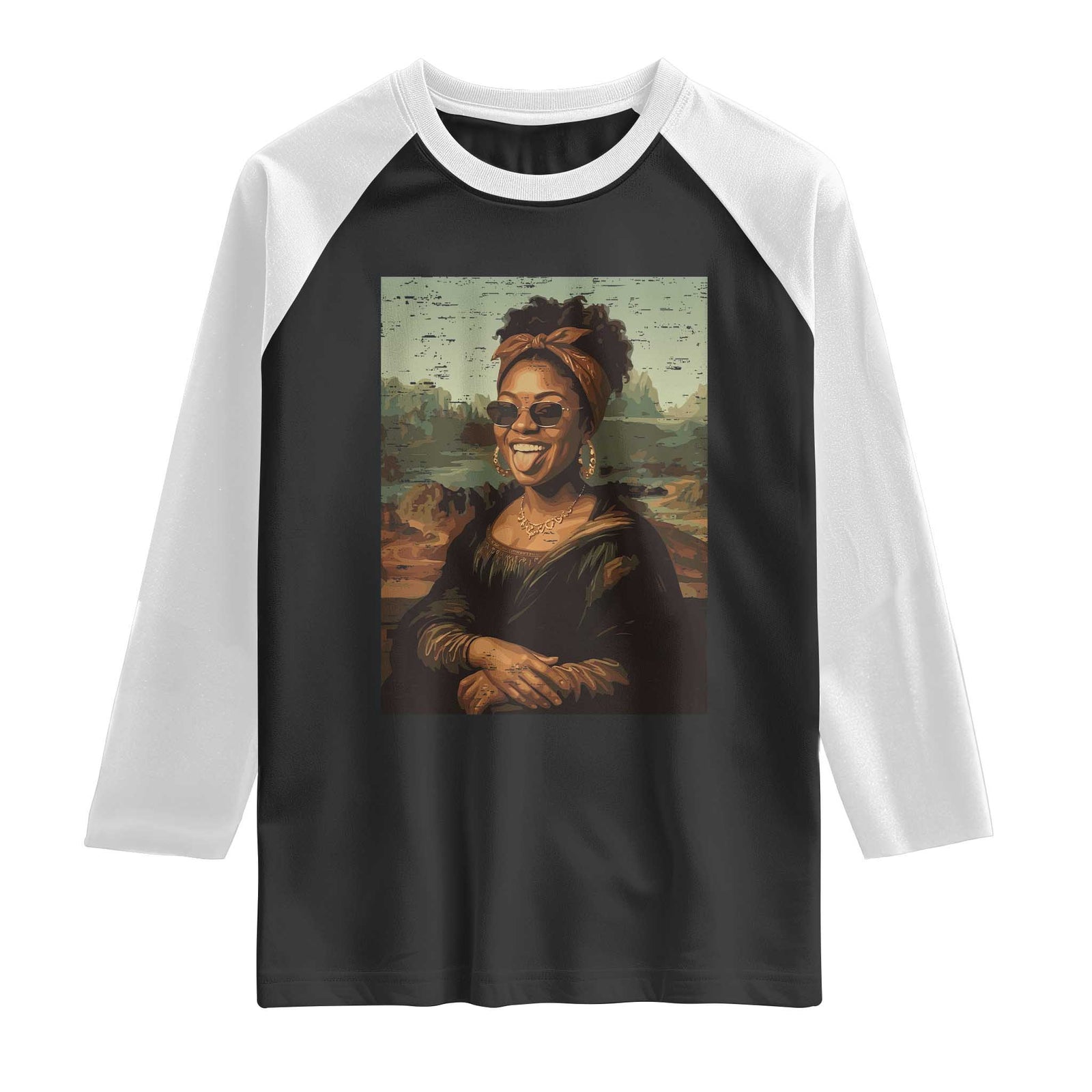 Modern Black Mona Lisa Headwrap Sunglasses Parody Raglan Shirt Trendy Urban Fine Art Portrait Graphic TS02 Black White Print Your Wear