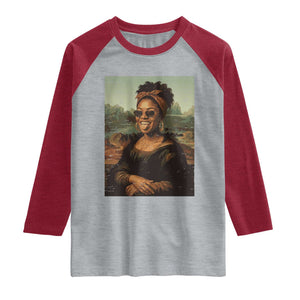 Modern Black Mona Lisa Headwrap Sunglasses Parody Raglan Shirt Trendy Urban Fine Art Portrait Graphic