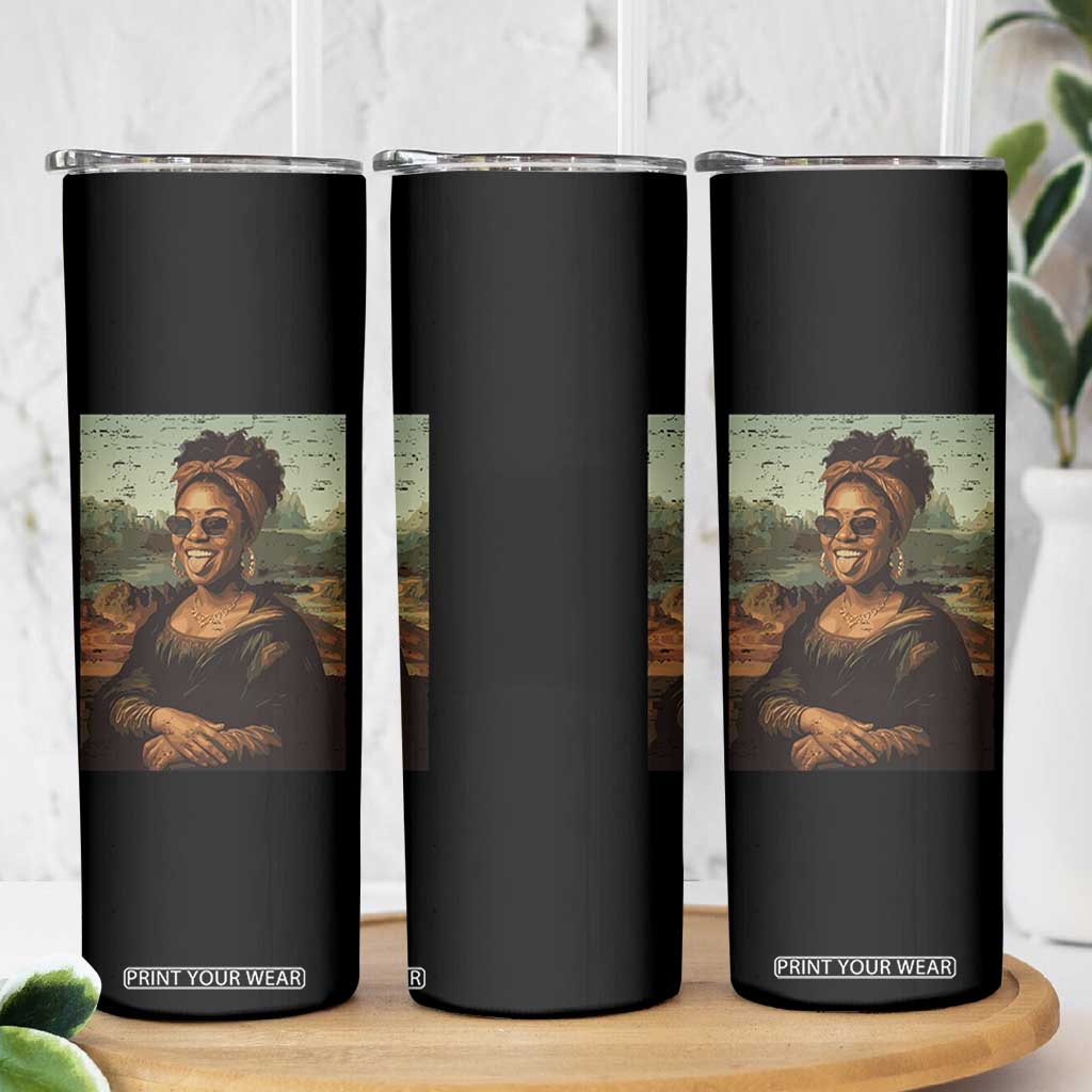 Modern Black Mona Lisa Headwrap Sunglasses Parody Skinny Tumbler Trendy Urban Fine Art Portrait Graphic