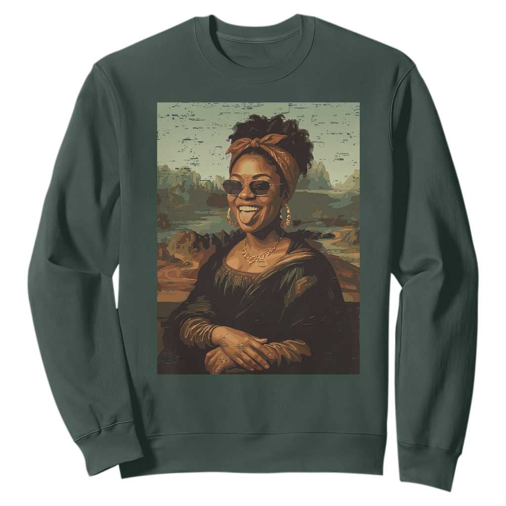 Modern Black Mona Lisa Headwrap Sunglasses Parody Sweatshirt Trendy Urban Fine Art Portrait Graphic
