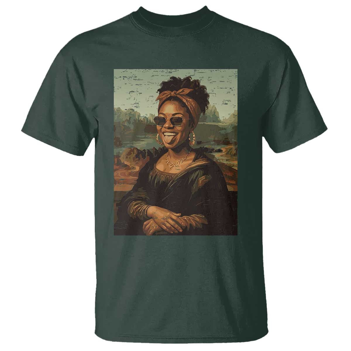 Modern Black Mona Lisa Headwrap Sunglasses Parody T Shirt Trendy Urban Fine Art Portrait Graphic