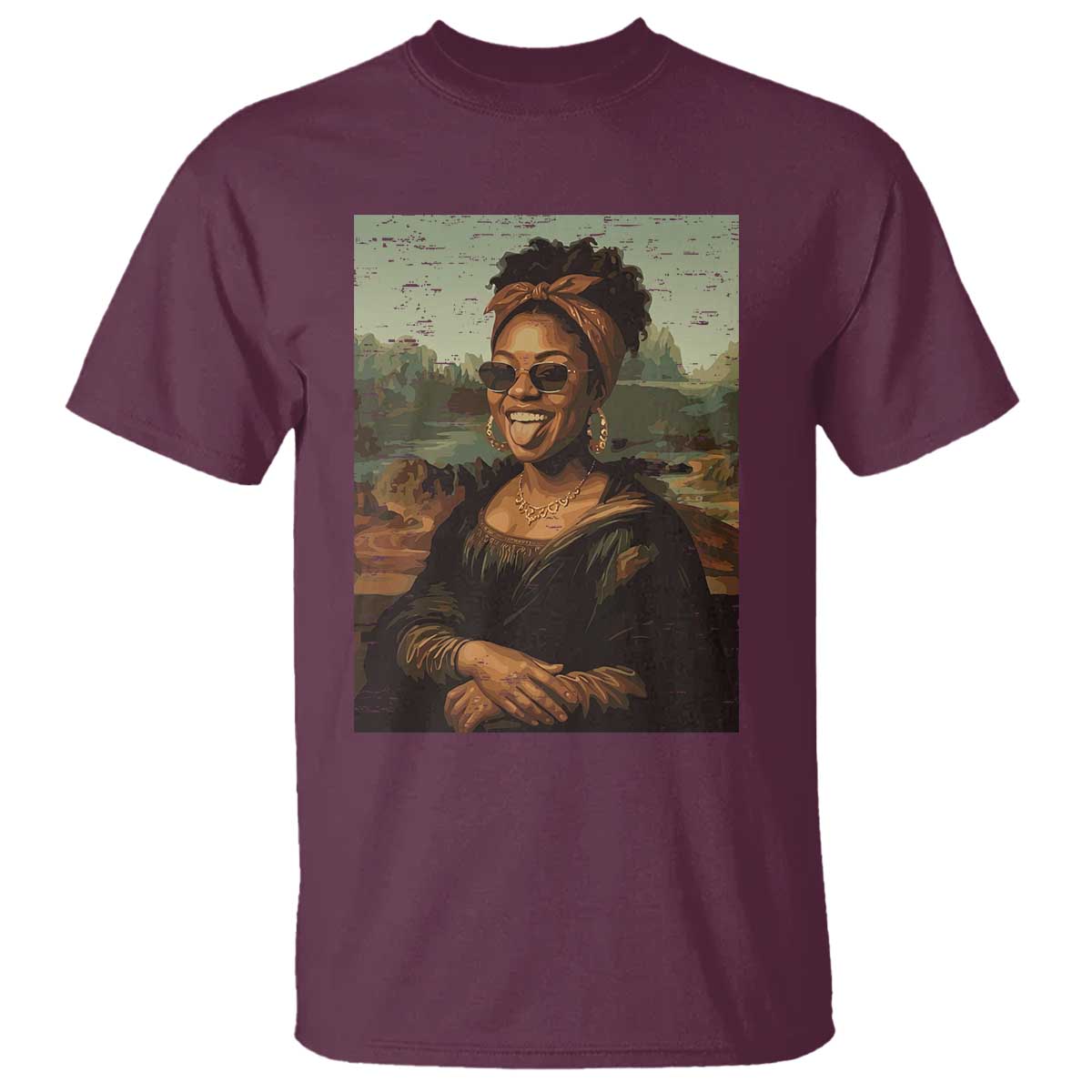 Modern Black Mona Lisa Headwrap Sunglasses Parody T Shirt Trendy Urban Fine Art Portrait Graphic