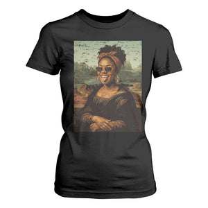 Modern Black Mona Lisa Headwrap Sunglasses Parody T Shirt For Women Trendy Urban Fine Art Portrait Graphic