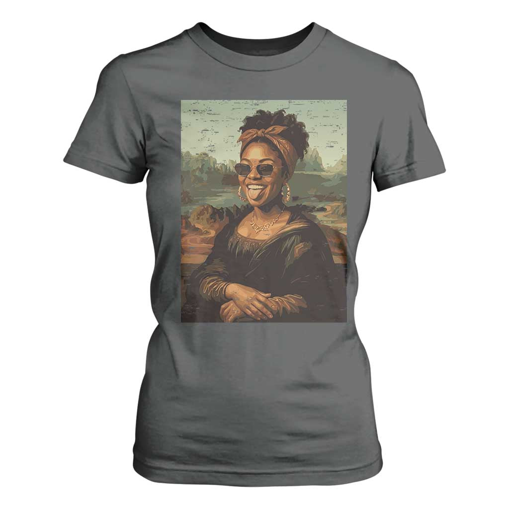 Modern Black Mona Lisa Headwrap Sunglasses Parody T Shirt For Women Trendy Urban Fine Art Portrait Graphic