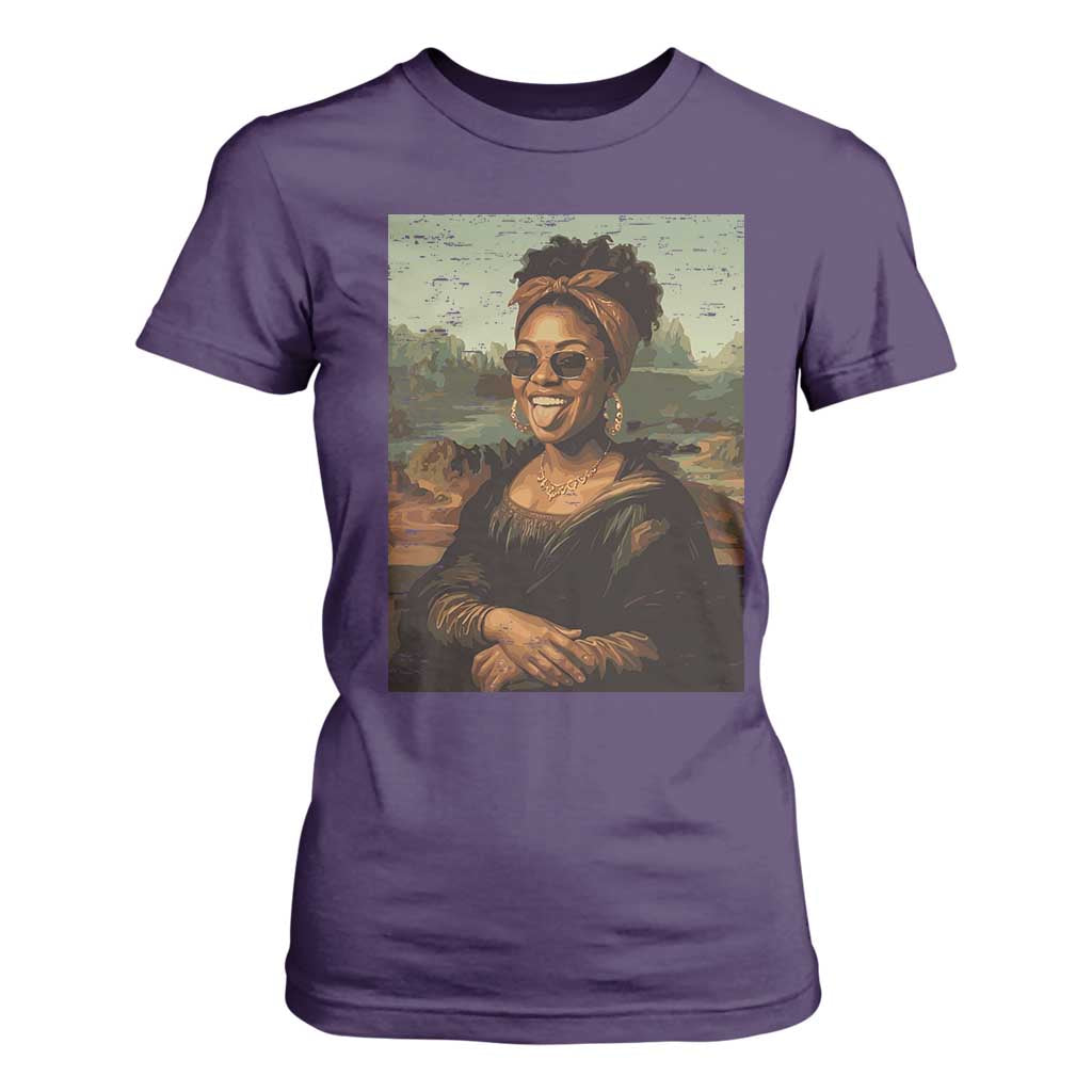 Modern Black Mona Lisa Headwrap Sunglasses Parody T Shirt For Women Trendy Urban Fine Art Portrait Graphic