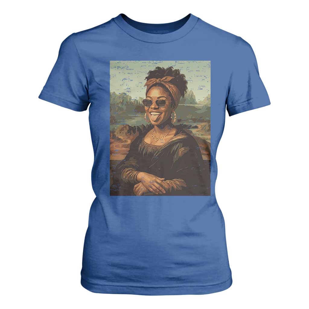 Modern Black Mona Lisa Headwrap Sunglasses Parody T Shirt For Women Trendy Urban Fine Art Portrait Graphic