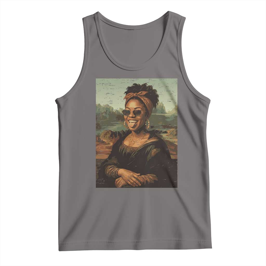 Modern Black Mona Lisa Headwrap Sunglasses Parody Tank Top Trendy Urban Fine Art Portrait Graphic