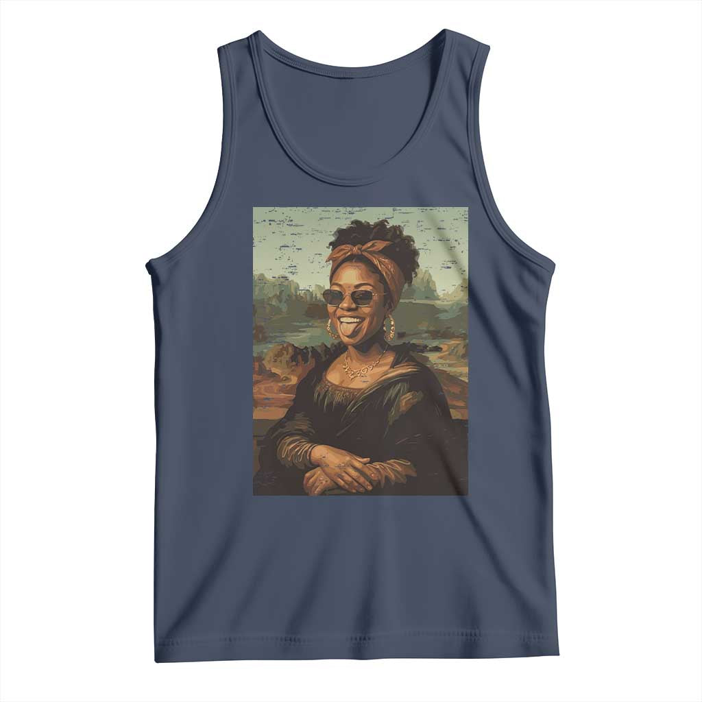 Modern Black Mona Lisa Headwrap Sunglasses Parody Tank Top Trendy Urban Fine Art Portrait Graphic