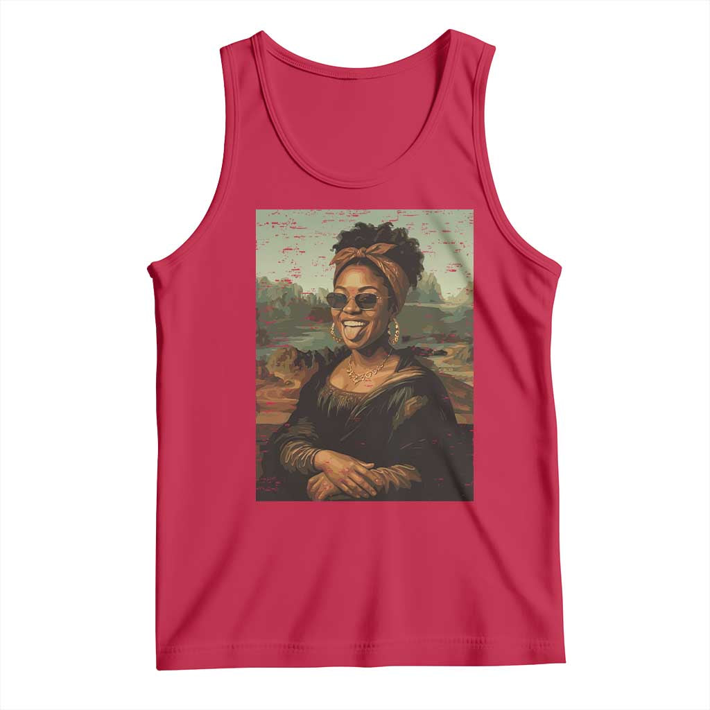 Modern Black Mona Lisa Headwrap Sunglasses Parody Tank Top Trendy Urban Fine Art Portrait Graphic