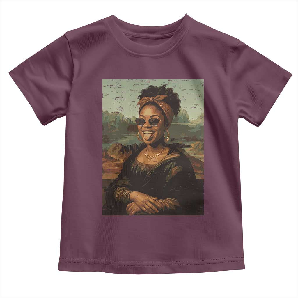 Modern Black Mona Lisa Headwrap Sunglasses Parody Toddler T Shirt Trendy Urban Fine Art Portrait Graphic