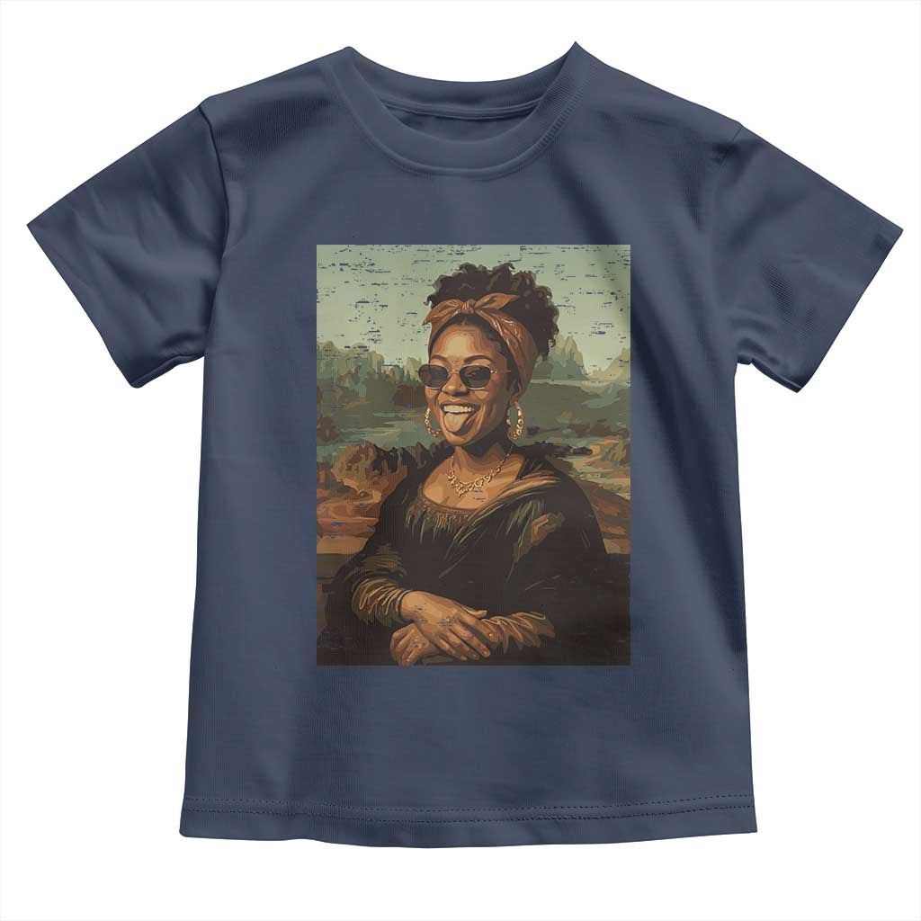 Modern Black Mona Lisa Headwrap Sunglasses Parody Toddler T Shirt Trendy Urban Fine Art Portrait Graphic
