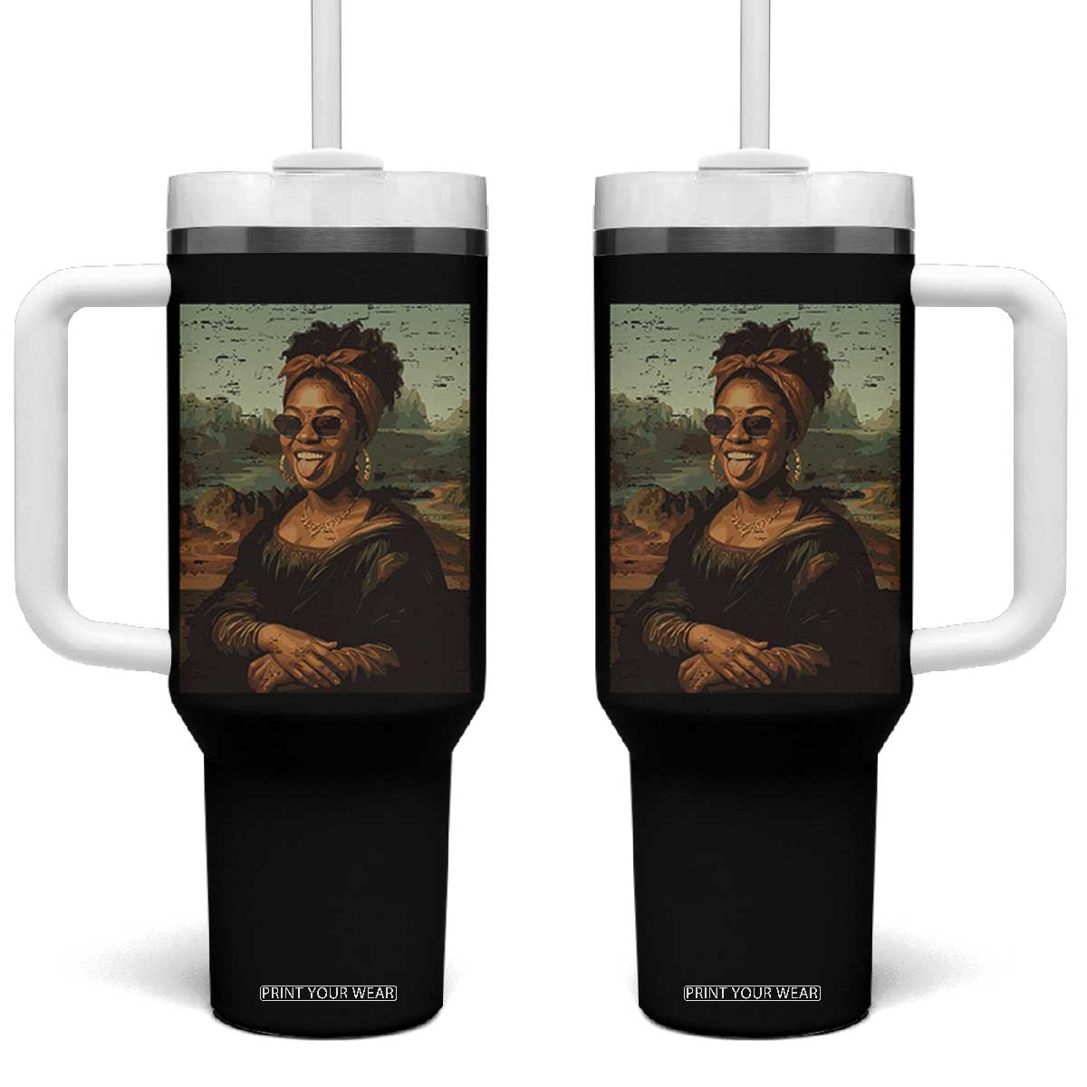 Modern Black Mona Lisa Headwrap Sunglasses Parody Tumbler With Handle Trendy Urban Fine Art Portrait Graphic TS02 One Size: 40 oz Black Print Your Wear