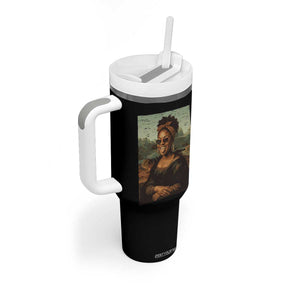 Modern Black Mona Lisa Headwrap Sunglasses Parody Tumbler With Handle Trendy Urban Fine Art Portrait Graphic