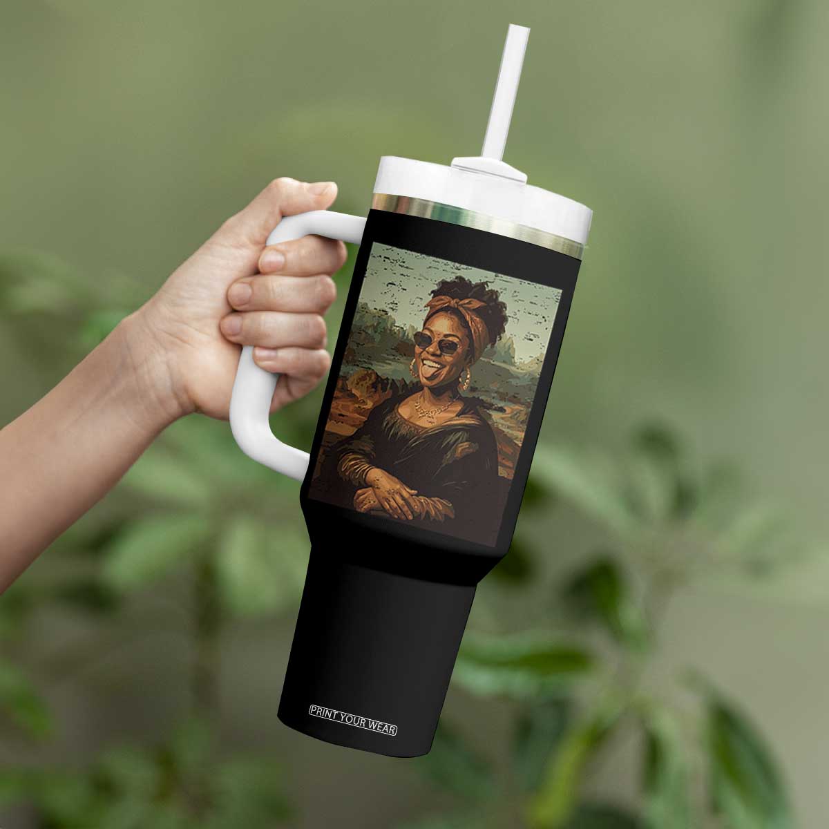 Modern Black Mona Lisa Headwrap Sunglasses Parody Tumbler With Handle Trendy Urban Fine Art Portrait Graphic