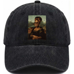 Modern Black Mona Lisa Headwrap Sunglasses Parody Washed Cotton Baseball Cap Trendy Urban Fine Art Portrait Graphic