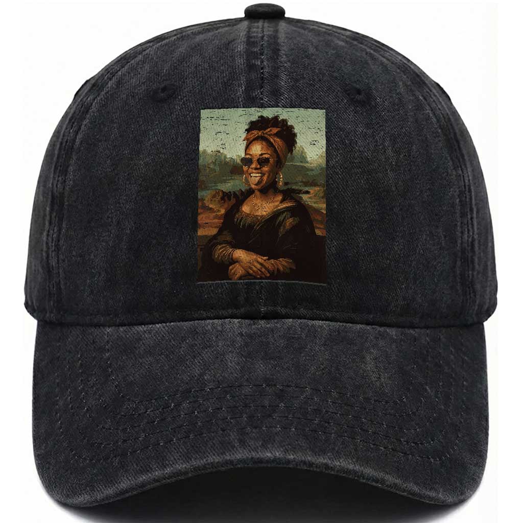 Modern Black Mona Lisa Headwrap Sunglasses Parody Washed Cotton Baseball Cap Trendy Urban Fine Art Portrait Graphic TS02 Print Your Wear