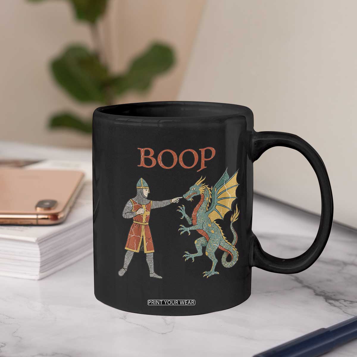 Funny Boop Medieval Knight Poking Dragon Graphic Coffee Mug Vintage Renaissance Faire Fantasy Meme
