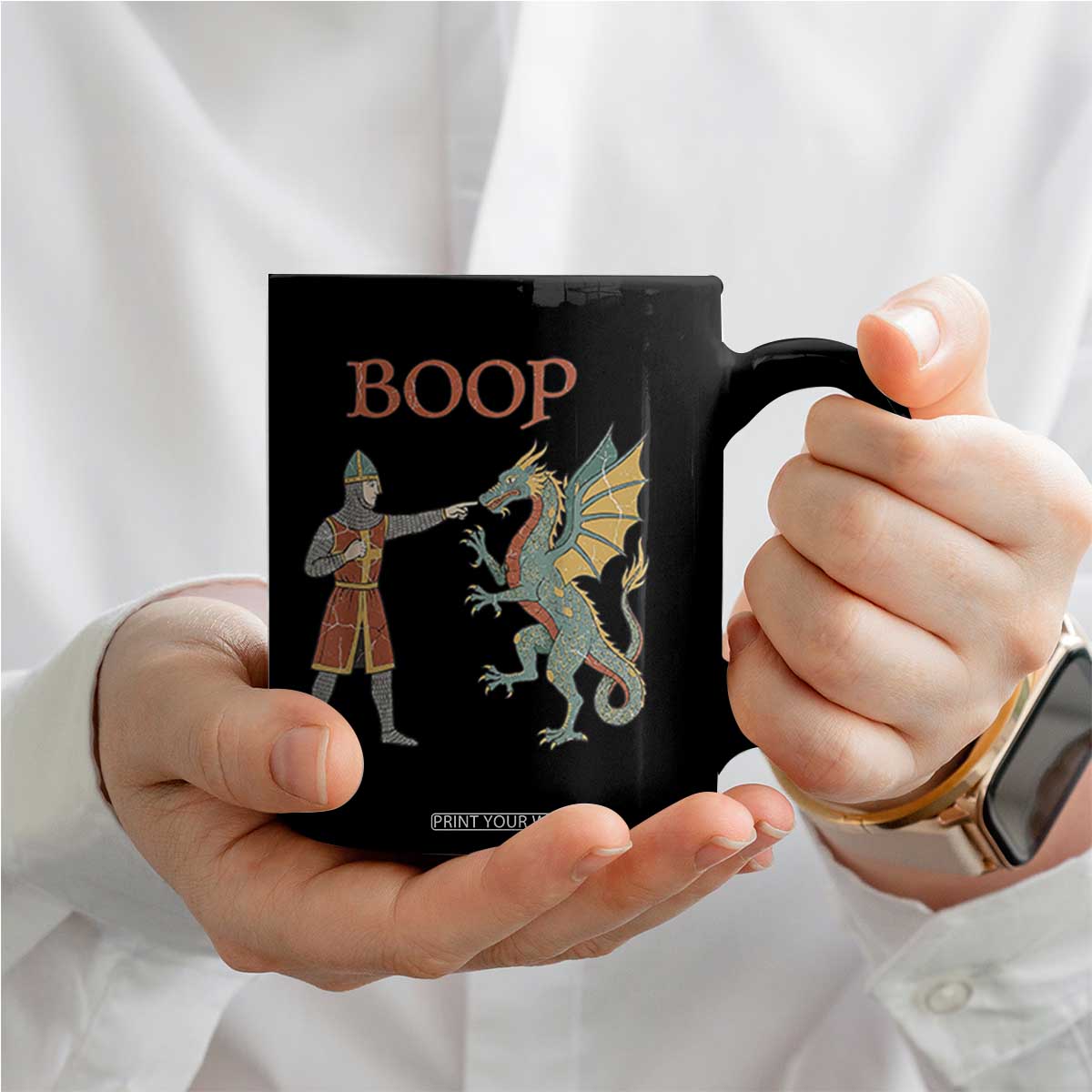 Funny Boop Medieval Knight Poking Dragon Graphic Coffee Mug Vintage Renaissance Faire Fantasy Meme