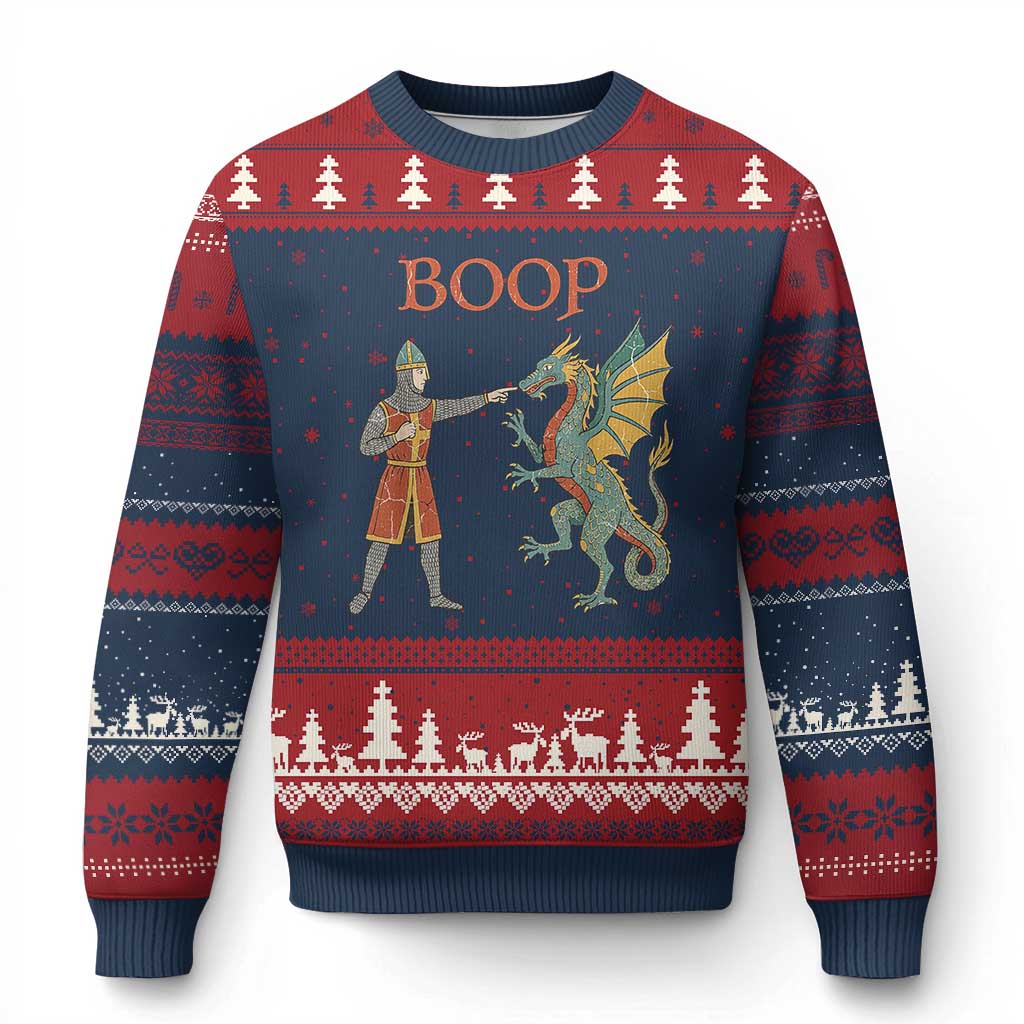 Funny Boop Medieval Knight Poking Dragon Graphic Ugly Christmas Sweater Vintage Renaissance Faire Fantasy Meme TS02 Navy Red Print Your Wear
