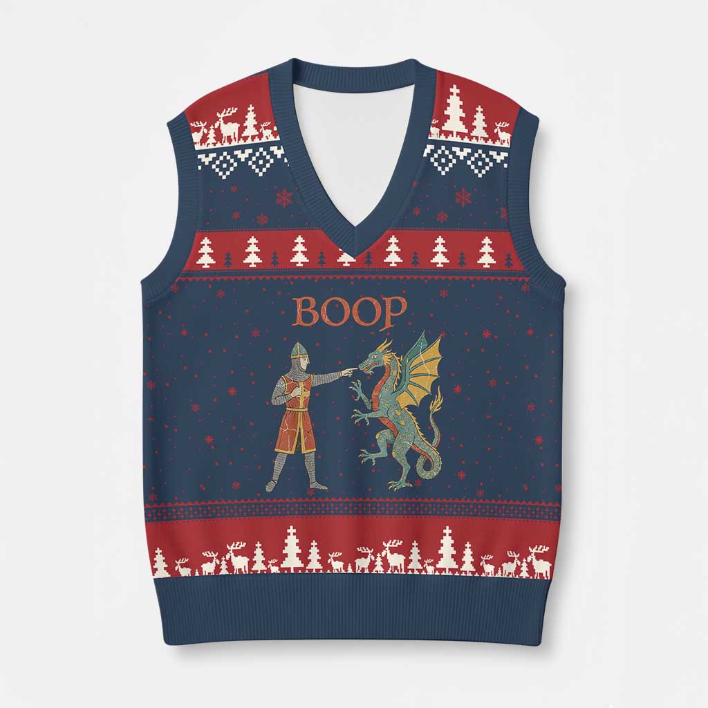 Funny Boop Medieval Knight Poking Dragon Graphic V-Neck Knit Sweater Vest Vintage Renaissance Faire Fantasy Meme