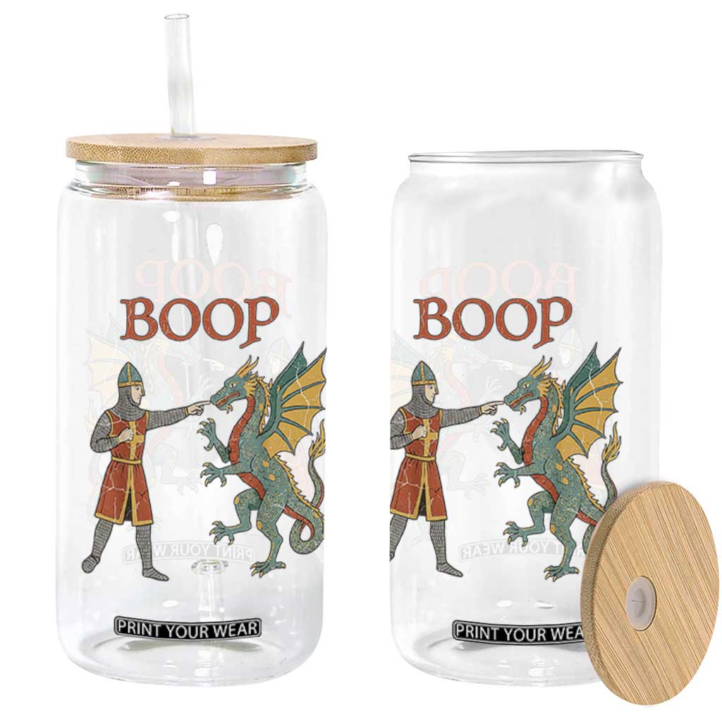Funny Boop Medieval Knight Poking Dragon Graphic Glass Can Vintage Renaissance Faire Fantasy Meme