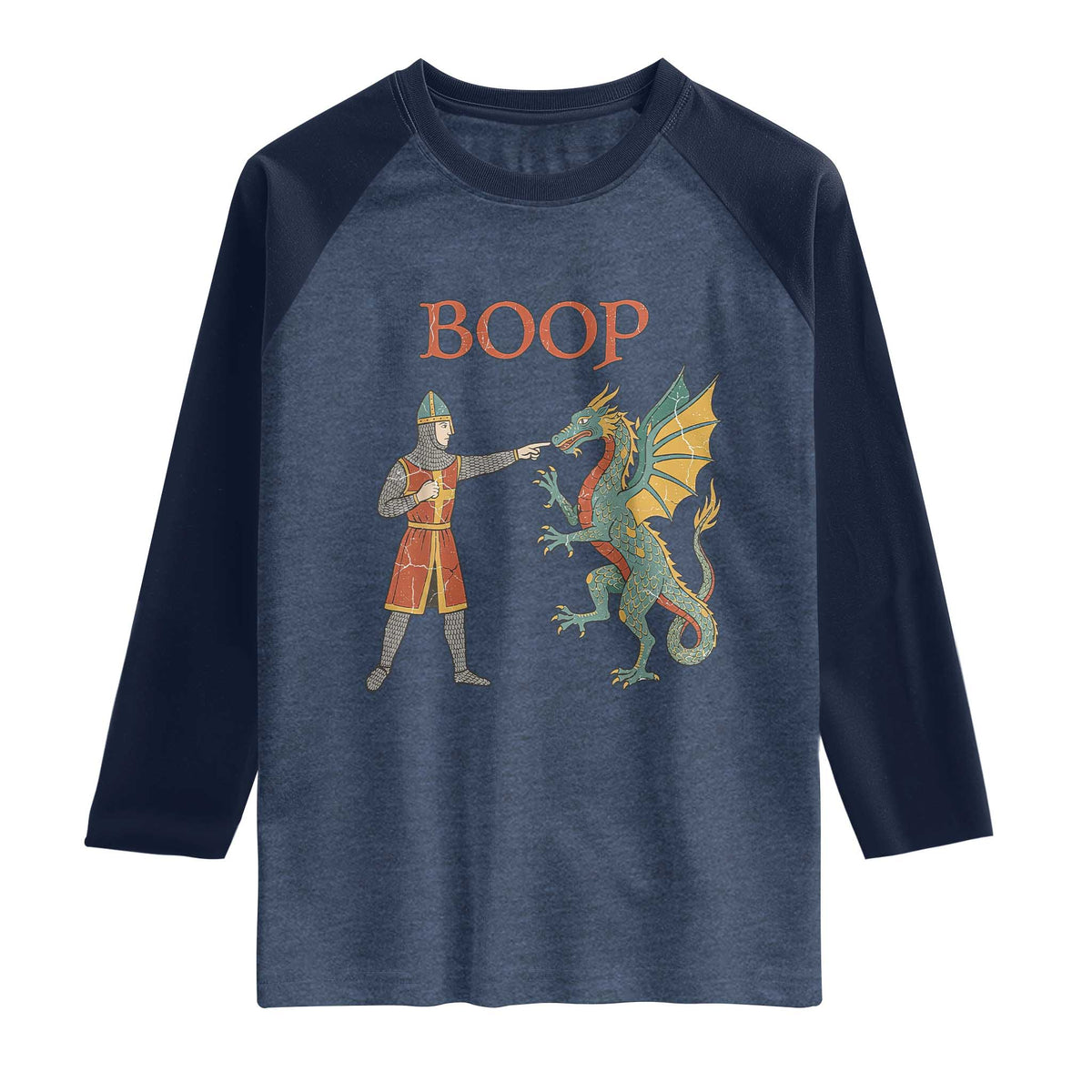 Funny Boop Medieval Knight Poking Dragon Graphic Raglan Shirt Vintage Renaissance Faire Fantasy Meme
