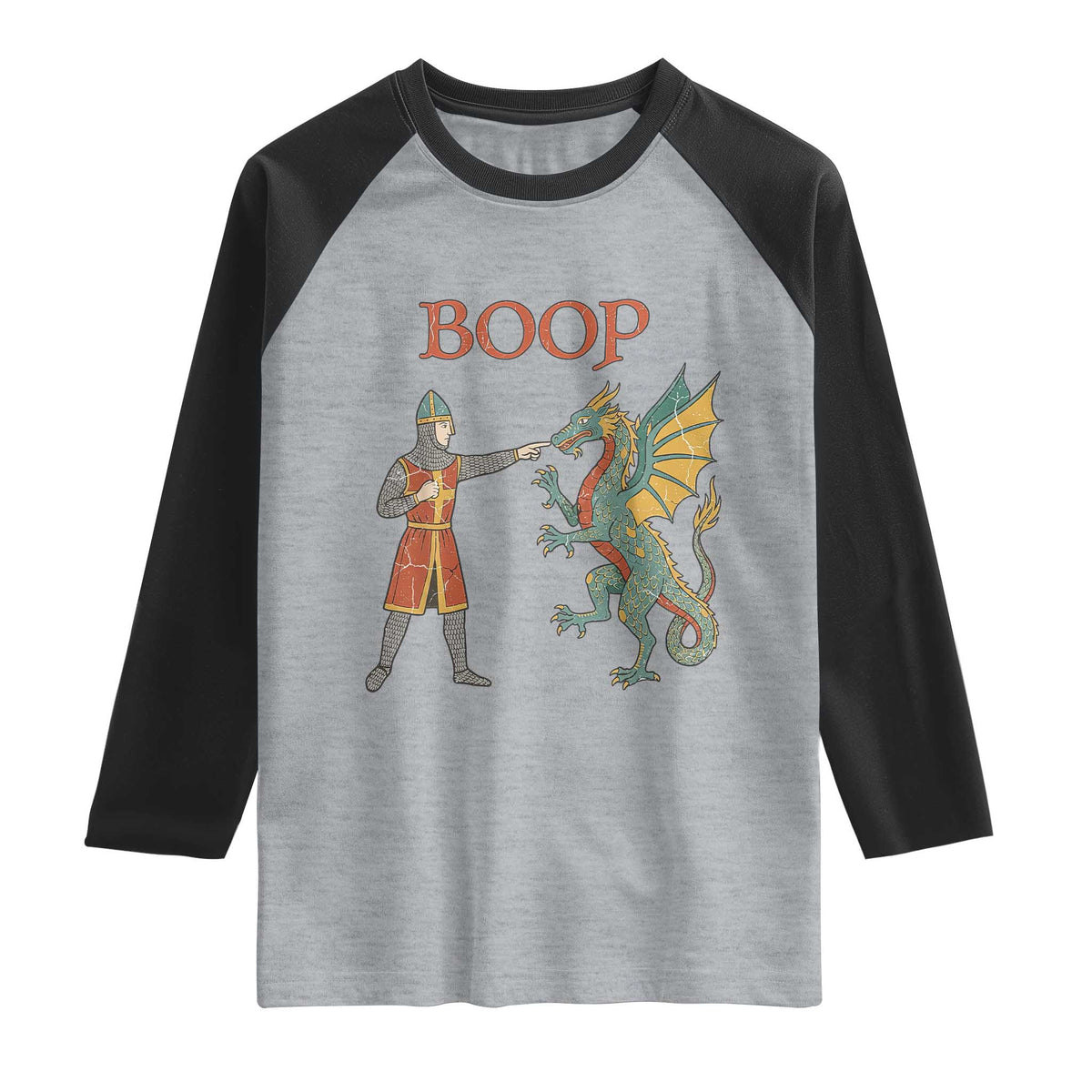 Funny Boop Medieval Knight Poking Dragon Graphic Raglan Shirt Vintage Renaissance Faire Fantasy Meme