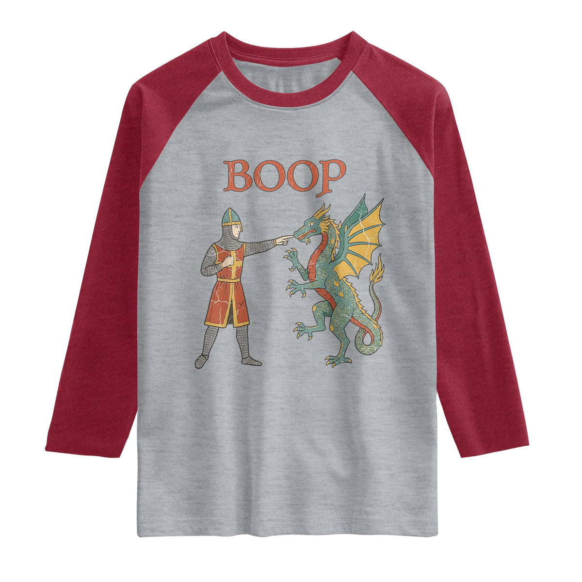 Funny Boop Medieval Knight Poking Dragon Graphic Raglan Shirt Vintage Renaissance Faire Fantasy Meme