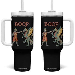 Funny Boop Medieval Knight Poking Dragon Graphic Tumbler With Handle Vintage Renaissance Faire Fantasy Meme