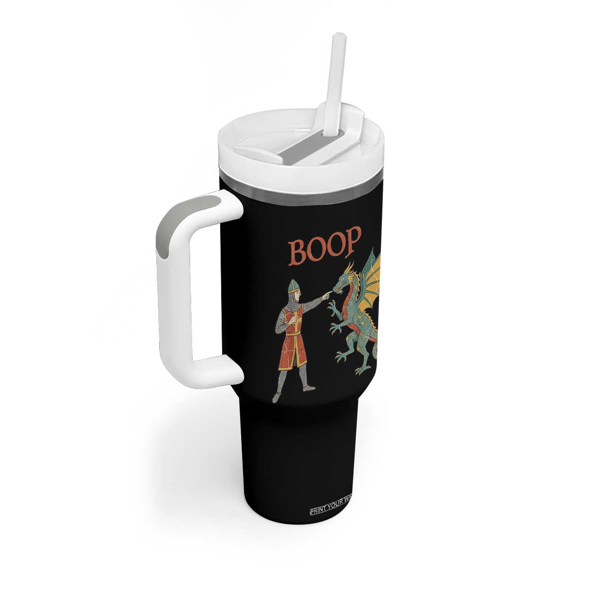 Funny Boop Medieval Knight Poking Dragon Graphic Tumbler With Handle Vintage Renaissance Faire Fantasy Meme