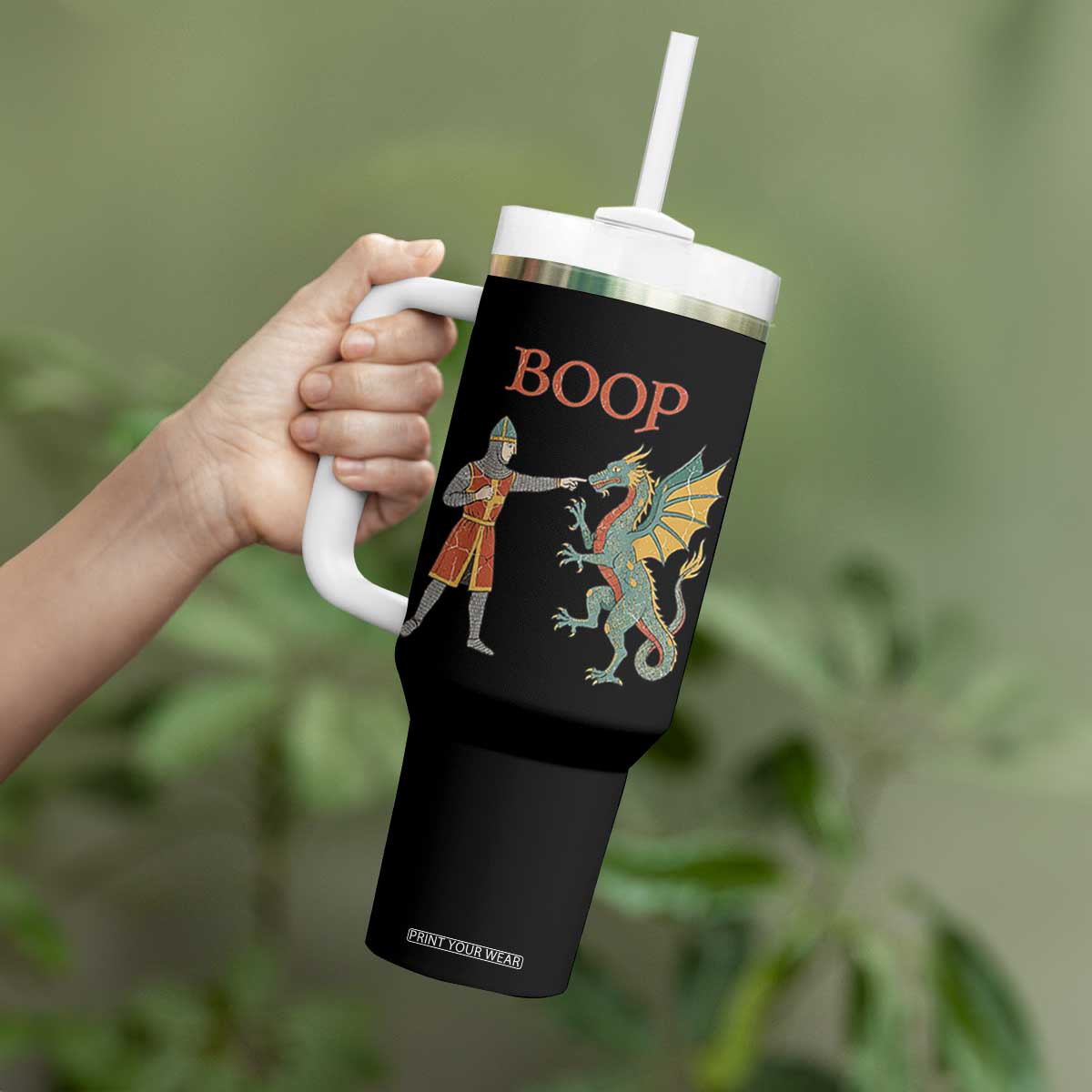 Funny Boop Medieval Knight Poking Dragon Graphic Tumbler With Handle Vintage Renaissance Faire Fantasy Meme