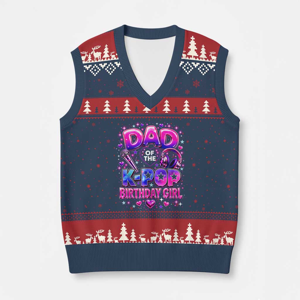 Dad Of The KPop Birthday Girl Glossy Balloon Music Lover V-Neck Knit Sweater Vest Cute Family Matching Party Graphic TS02 Navy Red Print Your Wear