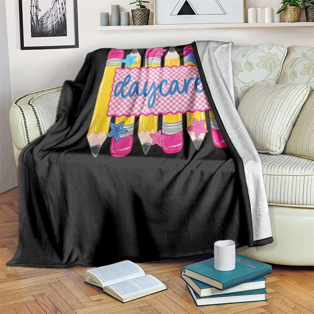Cute Daycare Teacher Yellow Pencils Graphic Throw Blanket Retro Back to School Childcare Gift