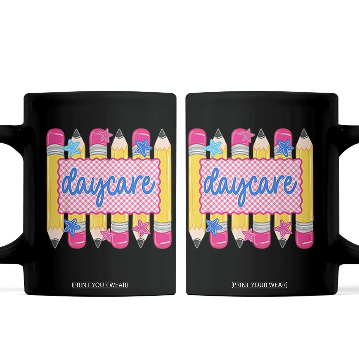 Cute Daycare Teacher Yellow Pencils Graphic Coffee Mug Retro Back to School Childcare Gift TS02 Black Print Your Wear
